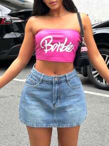 Washed Blue Sexy Denim Skirt - Versatile & Chic Solid Color Design - Medium Wash - View 2