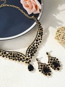 3pcs/Set Women Bride Wedding Necklace & Earrings Jewelry Set, Exquisite Party/Wedding Accessories Combination - Black - View 10