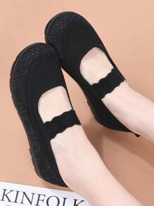 女士夏季新款网眼透气平底鞋春秋休闲鞋针织鞋面防滑软底轻便舒适一脚蹬乐福鞋 - 黑色 - 查看 7