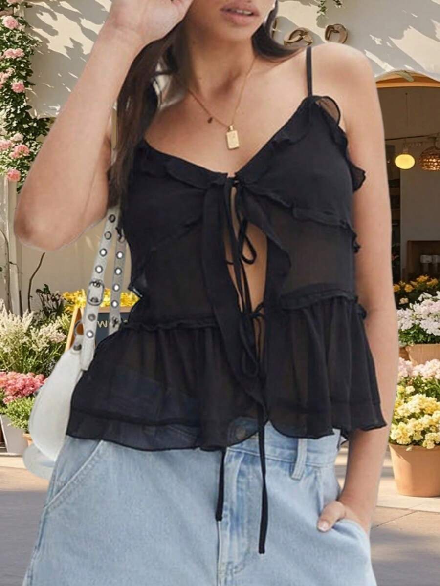 Women Y2k Mesh Ruffles Cami Tank Top Spaghetti Strap Sleeveless Tie Up ...