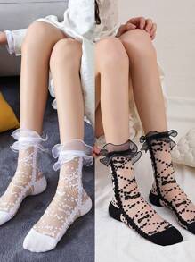 1/2/4 Pairs Lace Trim Sheer Glass Silk Knee High Socks, Transparent Crochet Lolita Socks, Thin Mesh Bow Ankle Socks, Women Hosiery Stockings - Multicolor - View 18