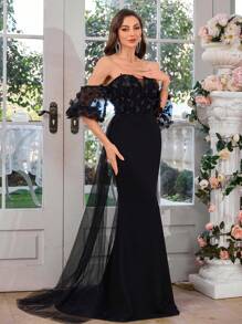 UNITHORSE V-Neck Drop Shoulder Puff Sleeve Romantic Floral Decor Cinched Waist Dress, Black Wedding Gown,Bride - Black - View 6
