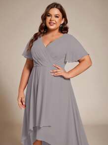 Plus Size Women Chiffon Ruffle Hem Solid Color Elegant High-Low Bridesmaid Dress - Light Grey - View 6