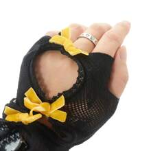 Women Lace Bolero Shrug Tops With Velvet Bows Hollow Out Shrug Open Front Cropped Cardigan Bolero Fishnet Shawl Arm Sleeves With Finger Holes Costume Accessories - 黑色和金色 - 查看 6