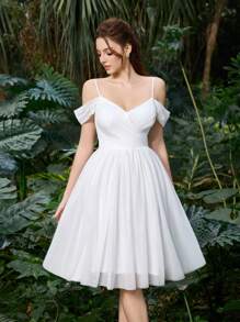 优雅涤纶薄纱半正式新娘礼服，露肩设计和蓬松薄纱裙 | 新娘送礼会和自然风活动宾客礼服，新娘 - 白色 - 查看 8