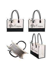 Personalised Floral Canvas Large Tote Bag With Name And Ribbon Birthday Christmas Travel Accessories Gift For Her - Beige - View 7