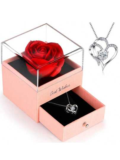 Rose Heart Necklace Romantic Jewelry Gift For Women Mother's Day Anniversary Birthday Christmas Exquisite Simulation Rose Box Heart Necklace Perfect For Women Anniversary Birthday Christmas, Mother's Day Gifts Simulated Flower Jewelry