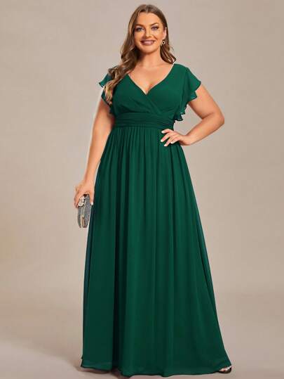 EVERPRETTY Plus Size Bridesmaid Dress, Short Sleeve, Ruched V-Neck, Solid Color Backless, High Waist, Ruched Asymmetric Hem, Chiffon Deep Green, Suitable For Wedding Party, Mother Of The Bride, Etc.