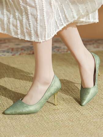 1 Pair Pointed Toe High Heels, Elegant & Classy Style, Metallic Heel, Patterned Vamp, Suitable For Workplace, Business Occasions And Formal Events