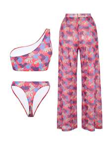 New Summer Monkey Print One-Shoulder Thong Bikini Swimwear Set - Multicolor - View 2