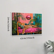 1pc Framed Canvas Poster, Cheetah Sleeping Under A Disco Ball Pink Wall Art Canvas Paintings, Ideal Gift For Bedroom Living Room Corridor, Wall Art, Room Decoration - Multicolor - View 8