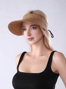 Beach Straw Sun Hat For Women Crochet Frayed Floppy Bucket Hat Wide Brim Sun Protection Straw Hat - A - View 3