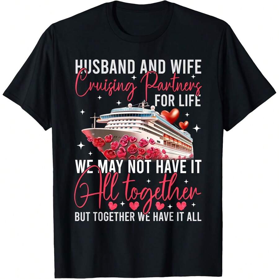 Husband Wife Cruising Anniversary Trip 2025 Honeymoon Love T-Shirt Women's Plus Size Graphic Tee - màu đen - Xem 1