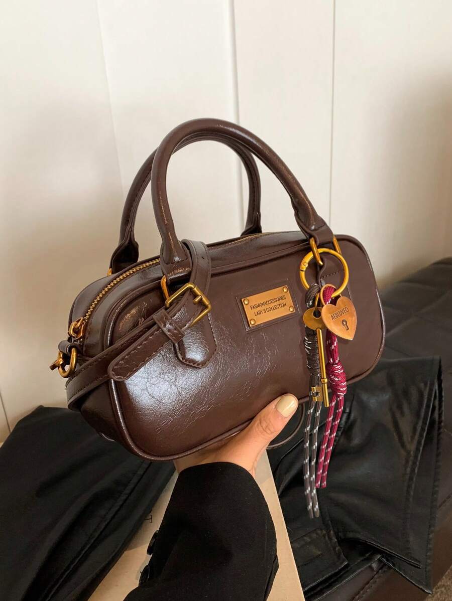 新款软皮波士顿手提包，配毛绒装饰吊饰，大容量单肩包，适合全年通勤，秋冬季 - 咖啡 - 查看 1