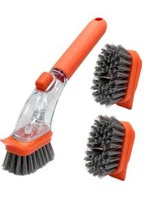 3 件装皂液控制洗碗刷，带手柄和 2 个可互换头，防刮洗碗刷分配刷垫皂液器垫圈套装，适用于清洁厨房碗碟、锅、平底锅、水槽