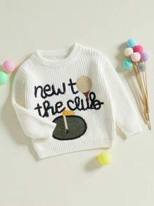 Suéter de otoño para bebé pequeño, jersey de punto de manga larga con cuello redondo y bordado de letras de golf - Blanco - Ver 2