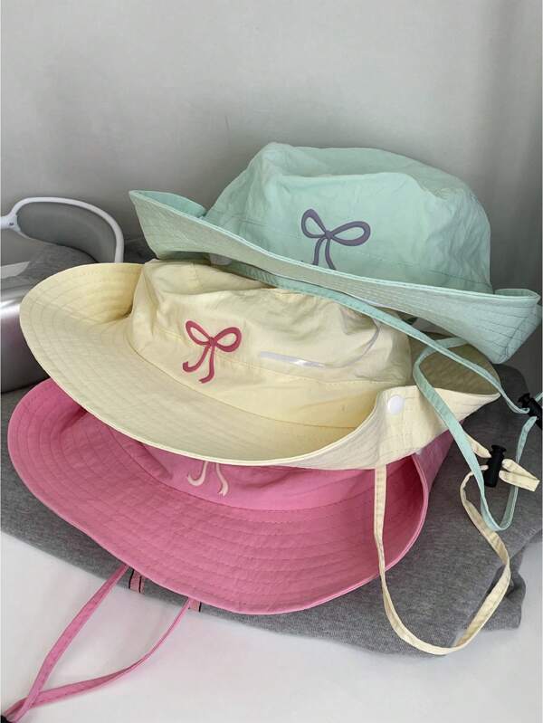 1 pieza Sombrero de cubo de unicolor lindo con decoración de lazo de poliéster, bordado, protección UV, a prueba de viento, adecuado para primavera y verano