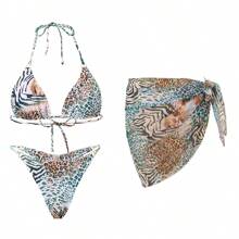 2025 Summer Beach 3pcs Bikini Set - Sexy Strap Triangle Bra, Beach Wrap Skirt & Hipster Bottoms, Printed Swimsuit