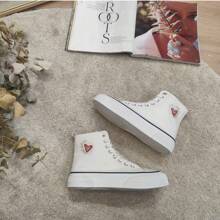 心形与字母刺绣系带休闲高帮帆布运动鞋 - 白色 - 查看 1