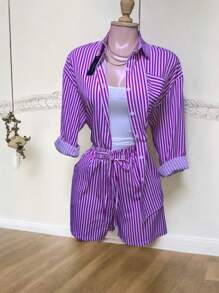 STRIPED 3-PIECE SET SHORTS, T-SHIRT AND LONG-SLEEVED SHIRT, STRIPES MODEL 2 - Mauve Purple - View 1