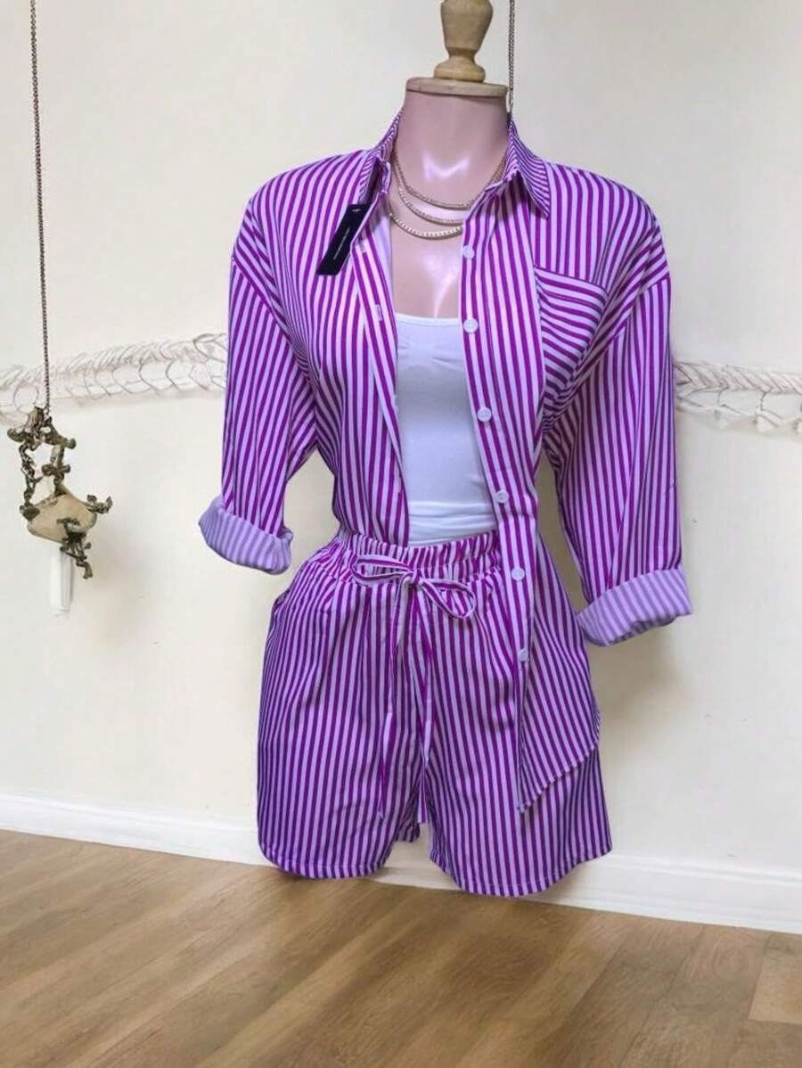 STRIPED 3-PIECE SET SHORTS, T-SHIRT AND LONG-SLEEVED SHIRT, STRIPES MODEL 2 - Mauve Purple - View 1