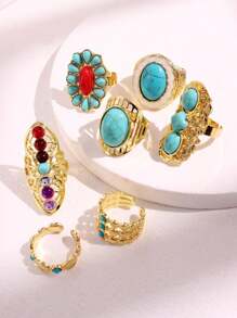 7 件套时尚复古绿松石金色戒指套装，女士珠宝配饰，日常佩戴 - 彩色 - 查看 6