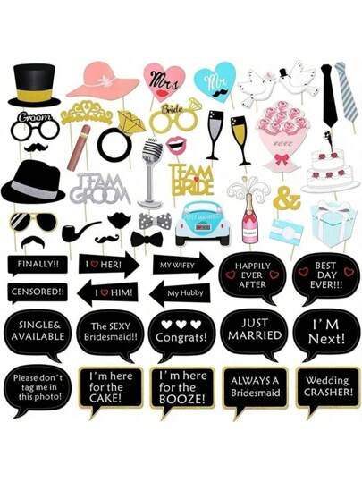 52 piezas Conjunto de accesorios para cabina fotográfica de boda, accesorios para cabina fotográfica de compromiso, regalo para la novia, decoración de fiesta de boda, divertidos accesorios para selfies, regalo de Pascua