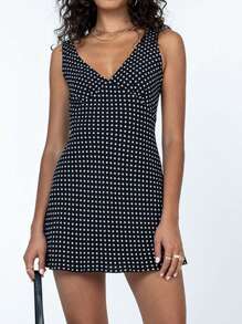 Women Casual Summer Dresses, Sleeveless V Neck Dot Print Mini Dress Club Party High Waist Drawstring Dresses - 黑色 - 查看 5