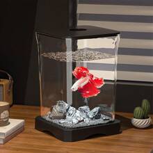 Pecera, Pecera para pez Betta, Kit inicial de acuario, Mini pecera rectangular de escritorio con agujero de alimentación superior y luz inferior incorporada, decoración de sobremesa para pez Betta - Negro - Ver 1