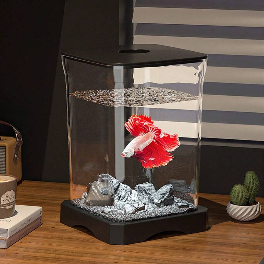 Pecera, Pecera para pez Betta, Kit inicial de acuario, Mini pecera rectangular de escritorio con agujero de alimentación superior y luz inferior incorporada, decoración de sobremesa para pez Betta - Negro - Ver 1