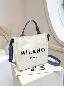 White Canvas Bag Ins Style Messenger Bag Printed With Letters "MILANO ITALY ﻿", Large-Capacity New Cute Shoulder Bag, Diagonal Shoulder Bag, Cute Bow Leopard Design Highland Cow Pattern, Large-Capacity Tote Bag, Portable, Adjustable Blue Shoulder Strap,With Artistic Letters And Pattern Printing Design, And Convenient Shopping Bag For Daily Use. Teacher'S Thank-You Gift, Mother'S Day Gift, Suitable For Travel,Beach, School, Work & Daily Use