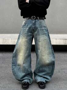 Men's Loose Fit Casual Multi-Pocket Wide Leg Jeans - Medium Wash - View 2