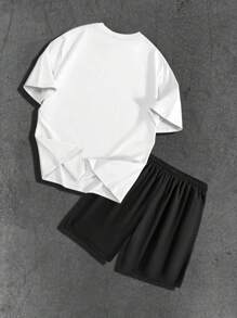 Men's White Round Neck Short Sleeve T-Shirt & Black Sports Shorts Set, Fashionable Cross Print, Casual Daily/Commuting/Sports Wear