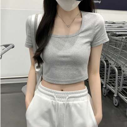 여성용 크롭 프렌치 스퀘어 칼라 반팔 티셔츠, 여름, 미국 섹시 스타일, 회색