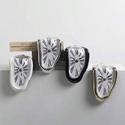 1个复古北欧风格扭曲挂钟，桌面转角装饰钟，罗马数字，简约高端装饰钟，适用于客厅和办公室，复古艺术软装静音挂钟，熔岩折叠钟