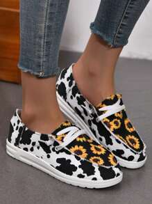 女士向日葵和奶牛图案便鞋，轻便户外步行鞋 - 明黃色 - 查看 2