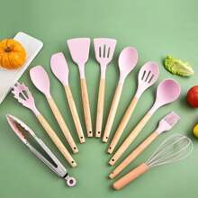 12 piezas Juego de utensilios de cocina de silicona - Resistentes al calor hasta 230°C, espátula, pinzas, cuchara, cepillo, batidor, utensilios con mango de madera color gris con soporte para utensilios de cocina antiadherentes, saludable