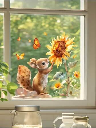 1pc Watercolor Squirrel & Sunflower Window Sticker - Waterproof PVC Removable Decal For Living Room, Bedroom & Study, Rustic Animal Home Decor Gift For Family, Couples Easter Gifts Birthday Graduation Room Decor Wall Decor Bathroom Decor Bedroom Decor Room Decoration Stuff Living Room Decor House Decor Home Decor Living Room Wall Art Wall Paper Stickers Personalised Stickers