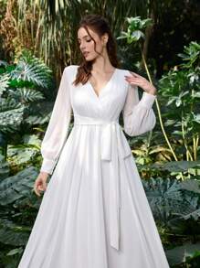 Chic Bridal Gown With Long Sleeve Deep V Neck & Belted Waist In Polyester Chiffon | Guest Dress For Wedding Showers, Botanical Garden Events, And Nature-Inspired Weddings,Bride