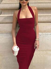女士无袖露背中长连衣裙，修身性感优雅派对礼服，婚礼宾客礼服，适合鸡尾酒会 - 紅色 - 查看 1