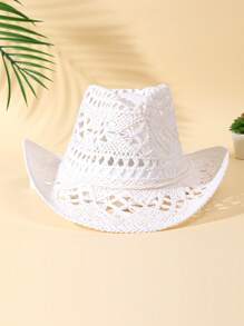 1 件男女通用绳饰镂空草编牛仔帽，纯色太阳帽，防风牛仔帽，非常适合户外海滩、休闲和 UPF 防护 - 白色 - 查看 9