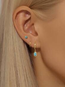 3Pcs Vintage Turquoise Flowers 925 Sterling Silver Earring For Women Classic Earring Set Minimalist Wedding Party Bridal Jewelry Fine Jewelry - Multicolor - View 5