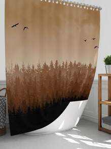 1 件/4 件水彩森林风景浴室装饰套装，包括带 12 个挂钩的防水浴帘、防滑浴垫、U 型马桶垫和圆形马桶盖，适用于整个浴室场景