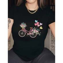 100% Cotton Whimsical Pink Bicycle & Floral Print Women's T-Shirt - 100%, Short Sleeve, Casual Black Tee With Machine Wa - Black - View 1