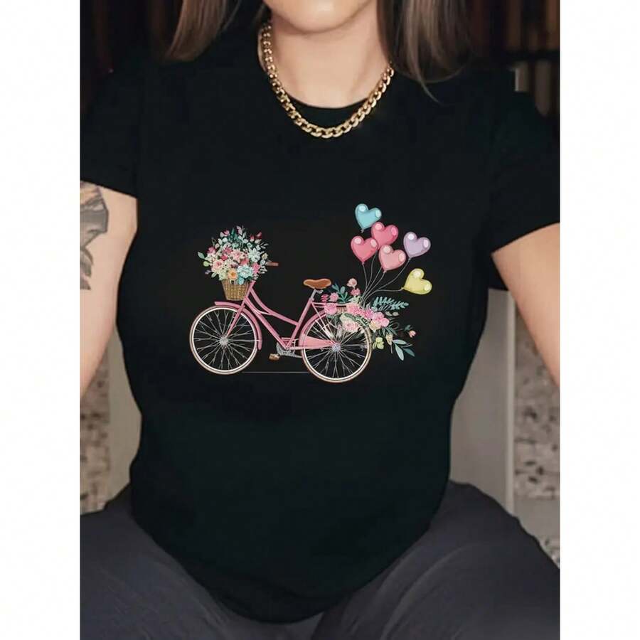 100% Cotton Whimsical Pink Bicycle & Floral Print Women's T-Shirt - 100%, Short Sleeve, Casual Black Tee With Machine Wa - Black - View 1