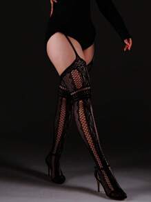 1pc Retro Patterned Curve Tights, High-Stretch Bodycon Pantyhose With Garter Straps & Open Crotch, Sexy Fishnet Black Stockings For Halloween Costume, Women