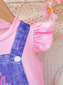 Baby Girl Unicorn Print Patchwork Denim Effect Sleeveless Round Neck A-Line Dress - Pink - View 4
