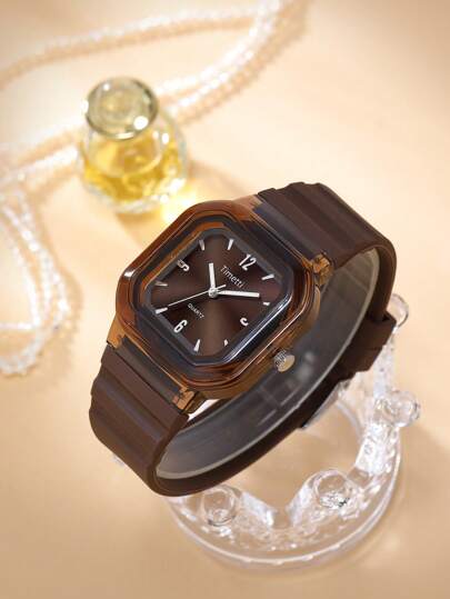 1pc Women Af dable Square Minimalist Silicone Strap Quartz Wrist Watch, Wear