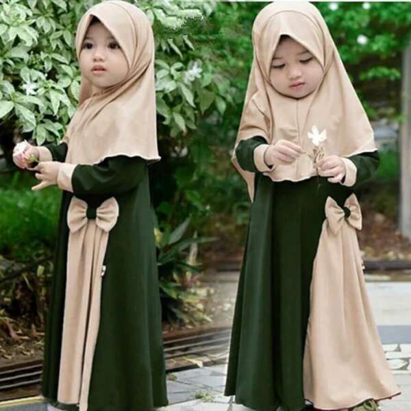 2pcs/Set Young Girl Long Sleeve Bowknot Maxi Dress + Headscarf