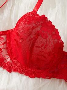 Style Dream 2pcs Women Sexy Lingerie Set, Red Lace Embroidered Wireless Bra With Adjustable Strap And Matching Panty, Seductive For Couples, Spring/Summer Ultrathin Bra - Red - View 3